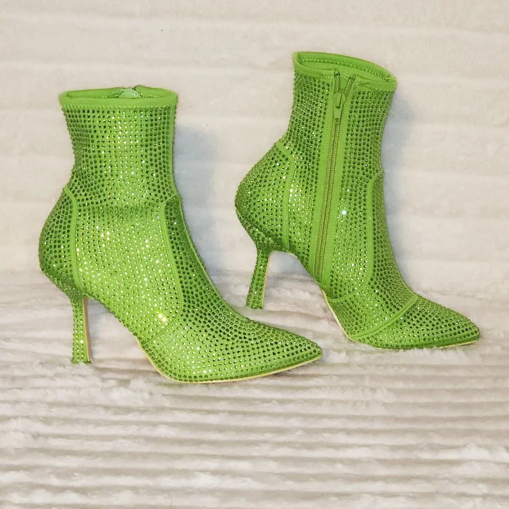 Stunning Bright Green Stretch Rhinestone Ankle Boots 3.5" Kitten Heels_14